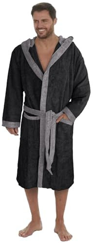 Octopus Herren Frottee Bademantel aus 100% Baumwolle (350g/m²) mit Öko-Tex Zertifizierung - Kapuze - 2 Taschen - Gürtel f5719 Farbe: Bademantel Schwarz/Grau (1496), Gr. 4XL