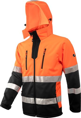 ACE Neon Warnschutz-Jacke - starke Softshell-Warnjacke inkl. Reflektoren und abnehmbarer Kapuze - EN ISO 20471 - Orange - XL