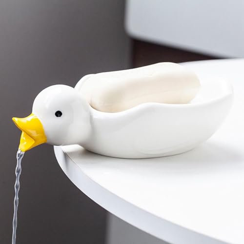 Delaman Seifenschale aus Keramik, Niedliche Entenform, Selbstentleerender Seifenhalter mit Löchern für Dusche, Badezimmer, Küche