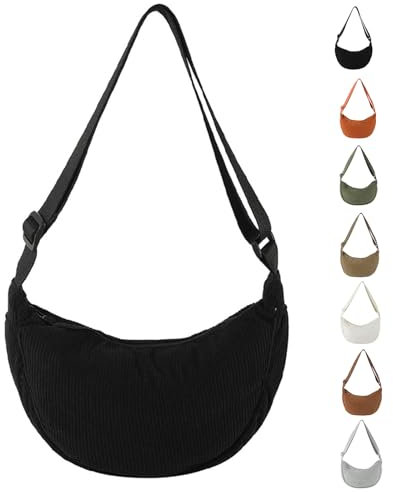 LOCCY Crossbody Bag Damen Cord, Halbmond Tasche Damen Cord, Einfarbige Halfmoon Bag Kord mit Verstellbarer Schultergurt für Frauen Reisen (Schwarz)