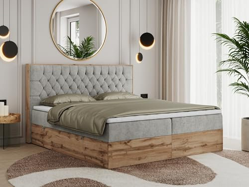 MKS MEBLE Boxspringbett 180x200 Mit Bettkasten Eiche, Polsterbett Mit Matratze H3, Bett Mit Kopfteil und Holzrahmen in Wotan Eiche - Hellgrau Struktur - Amore