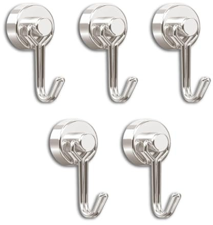 Ronoza 5 Stück Magnethaken Extra Stark,Neodym Magnete Haken 16MM,Magnetische Haken Max Tragfähigkeit 15KG Geeignet für Grill,Küche, Gadgets, Schließfächer, Büro, Kühlschränke (Silber)