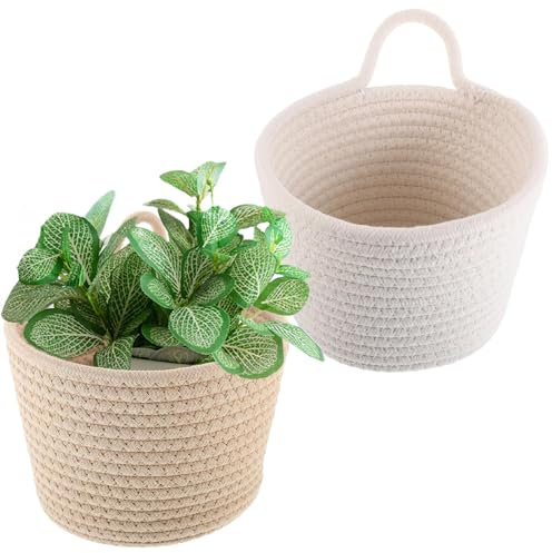Lumeclat Set de 2 Cestas Colgantes de Algodón, Cesta de Pared como Maceta y Cesta de Almacenamiento, Con posibilidad de transporte manual, para Baño y guardar ropa,Macetero Cubre Maceta(Blanco,Marrón)