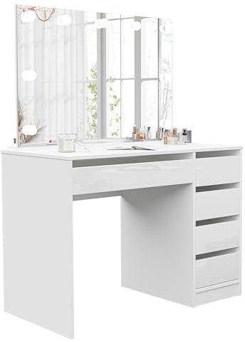 GREKPOL 5 Schubladen Schminktisch mit Beleuchtung - Weiß Glanz Schminktisch mit Spiegel - Dressing Table with Mirror - Frisiertisch - Schminktisch mit Schubladen - Kosmetiktisch - Dressing Table