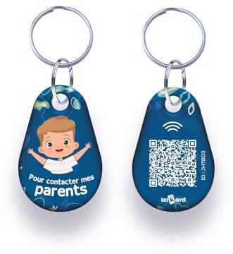 izikard Tag NFC pour enfant bleu | Médaille d’identification personnalisable | Coordonnées modifiables en ligne | QR Code + NFC | Sécurité enfant perdu | À accrocher sac à dos