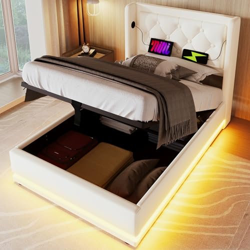 Ymkua Polsterbett 90x200 Einzelbett, Stauraumbett mit LED-Funktion, Bett mit Kopfteil und Lattenrost, Jugendbett mit USB Typ-C Ladefunktion Hydraulisch Funktionsbett,Bettgestell,Weiß Ohne Matratze
