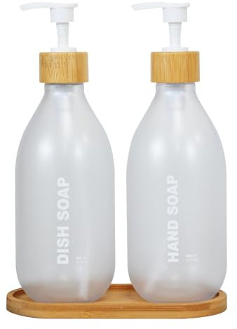 ILIKEPOW Seifenspender Set,500 ml Spülmittelspender mit Bambus Tablett, Shampoo,Spülmittel Lotion Handseifenspender für Küche, Badezimmer,Transparentes