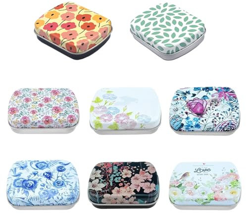 DEFIYEAR 8PCS Small Tin Box with Lids for Women Rectangular Iron Pocket Tea, Mini Metal Boxes - Mint candy tin Portable Storage for Jewelry Candy Pills Earplugs Beads Small Items (6 * 4.5 * 1.5cm)