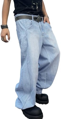 Zewool Jeans Baggy Hip hop pour Hommes,Jeans Skater à Jambe Large,Y2K Streetwear Pantalons en Denim décontractés Skateboard Coupe Droite relaxée extrême liberté de Mouvement,C12 Bleu,XS