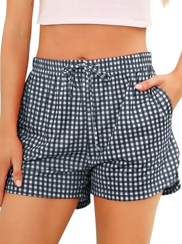 Wikoan Short de Pyjama pour Femme Été Taille élastique Short de Nuit à Carreaux Bas de Pyjama Coton Court avec Poches Noir S