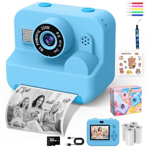 CONMRO Appareil Photo Enfant - 1080P Selfie Appareil Photo Instantané Écran 2,4 Pouces, avec Papier d'impression + Carte 32 GB, Jouet Cadeau de Noël pour Filles et Garçons 3-14 Ans (Bleu)