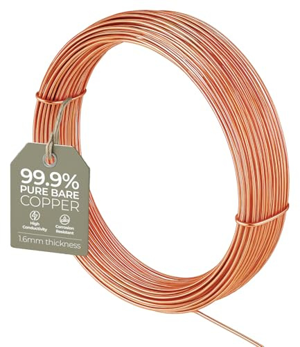 Blanker Kupfer-Basteldraht, 1,6 mm, 14 Gauge, 5 m, ​Draht für Modellierung, Blumenherstellung, Schmuckherstellung, Drahtweben und Verpacken, Elektrokultur-Kupferdraht, 99,9 % reiner Kupferdraht