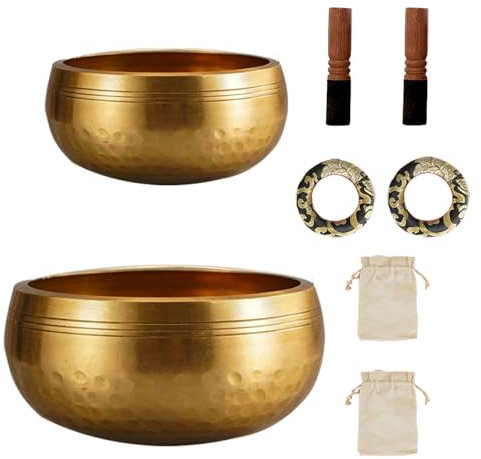 Juego De Cuencos Tibetanos,Con Varilla De Piel De Oveja,Arandela y Bolsa De Almacenamiento,Martillado a Mano,13cm y 8cm Cada Uno,Para Meditación,Yoga y Chakras,Un Regalo Único Para Mujeres y Hombres