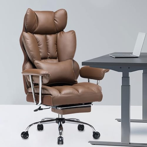 Efomao Desk Office Chair, Big and Tall PU Leather Ergonomic Office Chair, 200KG Adjustable High Back Computer Chair,Executive Swivel Chair with Footrest and Lumbar Support, Brown