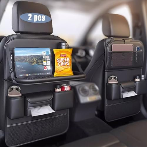 Boolico Verbesserter PU-Leder-Auto-Rücksitz-Organizer mit faltbarer Tischablage, Autositz-Rückenschutz mit Touchscreen-Tablet-Halterung, kompatibel mit den meisten Fahrzeugen, inneres Autozubehör