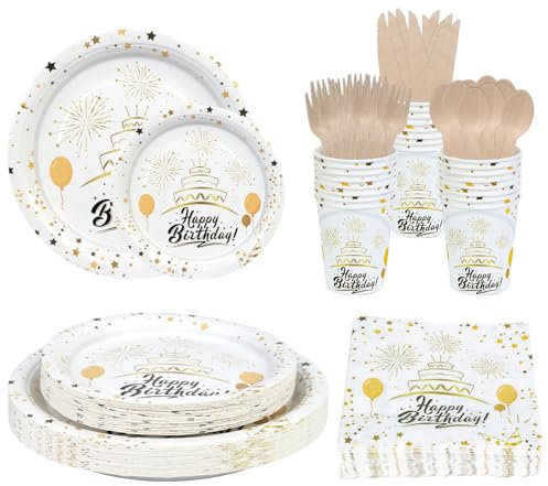 Anstore White and Gold Paper Plates, 200pcs Paper Plates Cups and Cutlery Set, 25 Guests Sustainable Cream White Birthday Party Tableware Set Including Plate, Spoon, Fork, Knife, Drinking Cups,Napkins