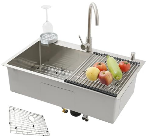 KOOGIMDDR Fregadero SUS304 de 80 x 50 cm, de acero inoxidable, multifunción, hecho a mano, con rejilla para suelo, fregadero de cocina grande de una bañera, con grifo y varios accesorios