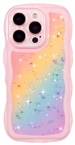 ZTOFERA Sparkly Glitter Case for iPhone 13 Pro Max (6.7), Rainbow Pink | Curly Wave Frame Shape, Bling Sparkle Star, Clear Soft TPU Back Cover, Lightweight, Shockproof Protective Bumper Cover