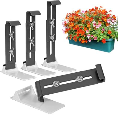 Blumenkasten-Halterungen, zum Aufhängen, ohne Bohren, Pflanzkasten-Halterungen, 4er-Set, verbesserte Bodenstütze, Geländer für Terrasse, Balkon, Garten, Zäune, Fensterbänke im Freien