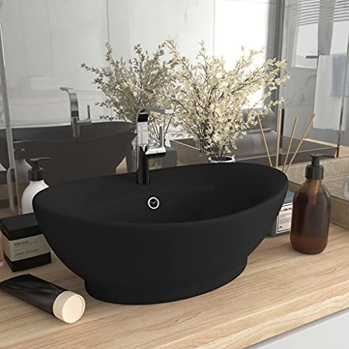 HaoChrymec Ovales Waschbecken mit Überlauf, Matt Schwarz, Aufsatzwaschbecken aus Keramik, Handwaschbecken für Badezimmer, Gäste WC, Waschküche, 58,5 x 39 cm