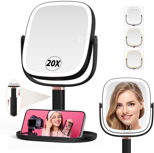 Mocado Makeup Mirror with Light, 360° Rotation 1X/20X Magnifying Makeup Mirror, Rechargeable Double Sided Tabletop Vanity Mirror with Height Adjustable, 3 Color Light, Dimmable Touch, 21.4cm(Black)