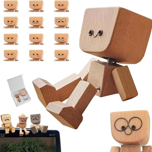 Mailfull Shaking Wooden Man Figur Wackelnder Auto Holzmann mit 12 Austauschbare Ausdrücken für Armaturenbrett Dekoration Auto Zubehör Innenraum
