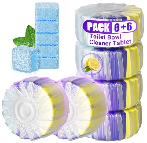 Nunemosk Toilet Rim Blocks, 6+6 Pack with Cleaning Tablets, Fresh Scent | Upgraded three-colour formula, Single and dual flush compatible, Individually wrapped, Designed for UK homes