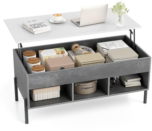 COSTWAY Lift Up Top Coffee Table, Wooden Lifting Cocktail Center Table with Hidden Storage Compartment, Open Shelf and Metal Legs, Rectangle Accent Sofa Side Tea Tables for Living Room (Grey+White)