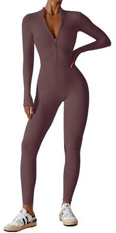 Ecupper Damen Jumpsuits Yoga Bodycon Einteiler Zip Up | Damen Jumpsuit langarm mit Reißverschluss, ohne Pads & ohne Taschen, stretchbarer Stoff, für Fitness & Yoga