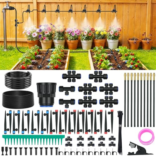 230FT Drip Irrigation Kit with Quick Connect PE Tubing, Automatic Garden Watering Sprinkler System, 2026 Upgraded Water-Saving Design with 3 Adjustable Misting Emitters, Greenhouse & Raised Bed