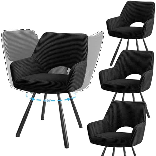 JIJIAN 4er Set 360° Drehbare Esszimmerstühle mit Armlehnen, Schwarz | Drehbar Stühle Esszimmer mit Metallbeinen, Moderner Küchenstuhl aus Cord, Polsterstuhl für Esszimmer, Küche, Wohnzimmer