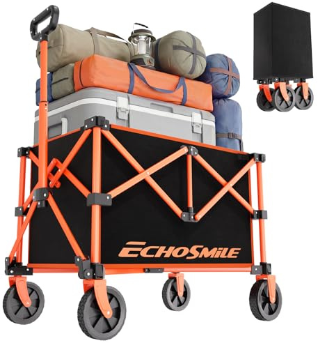 EchoSmile Leichter Bollerwagen Faltbar, Kompakter Wagen für Einkauf, Camping & Sport, Einfach Zusammenklappbar, Schwarz & Orange