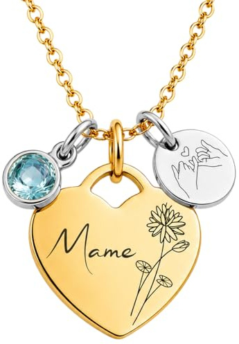 BS Schmuckdesign Personalisierte Kette Damen mit Gravur – Herzkette | mit Namen & Monatsblume, individuelle Wunschgravur hinten, persönliches Geschenk für Frauen
