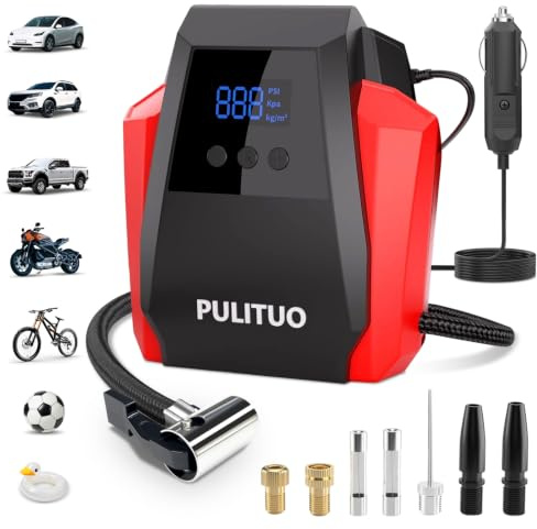 PULITUO Gonfiatore Pneumatici 12V DC - Compressore d'Aria Portatile 35L/min, 150 PSI / 10,3 Bar Pompa Auto con Arresto Automatico, Manometro Digitale e LED, Rosso