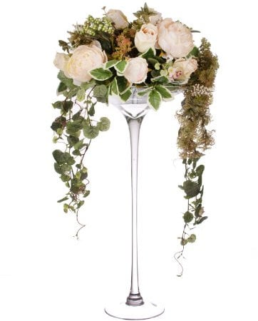 Closer to Nature Artificial 80cm Blush Pink Rose, Peony and Mixed Foliage Display in Tall Martini Glass Vase - Artificial Floral Displays & Arrangements