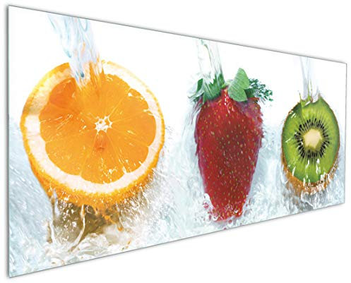 Wallario Küchenrückwand aus Glas 125 x 50 cm, Motiv: Frische Früchte übergossen mit Wasser | Spritzschutz abwischbar & pflegeleicht