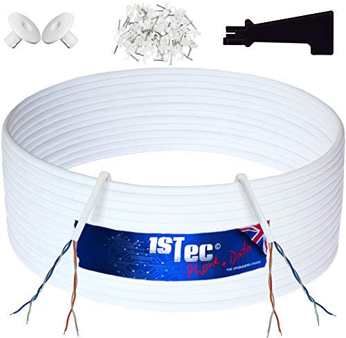1STec 50m of Genuine BT CW1308 4 Core 2 Twisted Pair Telephone or FTTC Broadband Extension Wire + 2 Grommets + IDC Insertion Tool + 3.5mm Clips + Printed Colour Code Instructions (50 Metre, White)