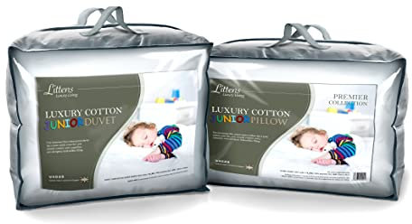 Littens 4.5 Tog Lightweight Breathable Cool 100% Cotton Junior Cot Bed Toddler Baby Hollowfibre Summer Duvet Quilt & Pillow Bedding Bundle (120cm x 150cm & 40cm x 60cm) UK Made