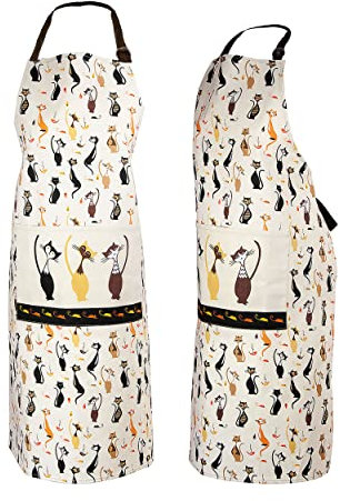 SPOTTED DOG GIFT COMPANY Kochschürze Damen, Küchenschürze mit Schwarz Katzenmotiv 100% Baumwolle, Schürze Katzen Verstellbar mit Tasche zum Kochen Backen, Geschenk für Katzenliebhaber Frau
