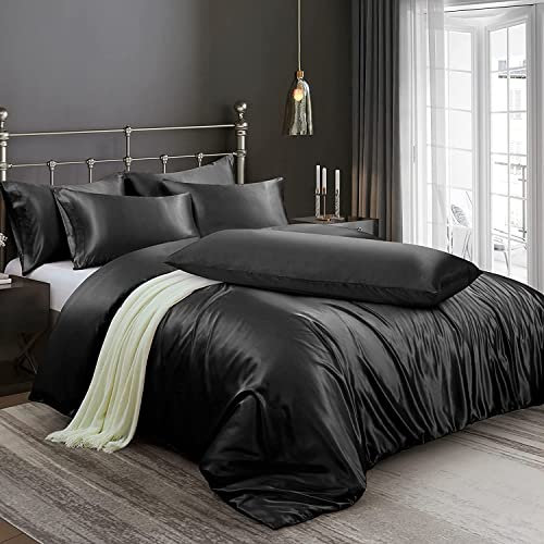 Lanqinglv Satin Bettwäsche Set 135x200 cm Schwarz Seide Glatt Glanzsatin Luxus Sommerbettwäsche Set Satin Polyester Uni Bettbezug mit Reißverschluss und 1 Kissenbezug 80x80cm