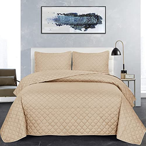 B&B Tagesdecke für Super-Kingsize-Bett, geprägt, gesteppt, für Schlafzimmer-Dekor, Set mit 3 dekorativen Bettdecken (INS beige Tagesdecke + 2 Kissenbezüge)