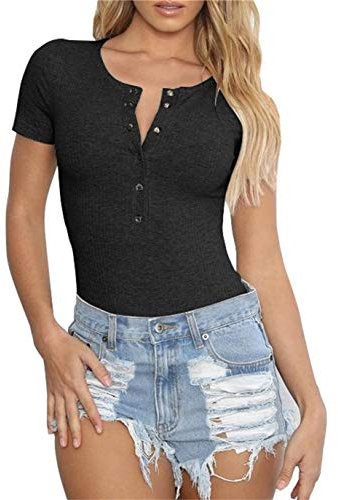 Artfish Damen-Body mit Rundhalsausschnitt, kurzärmelig, mit Knopfleiste, Henley-Trikot, Schwarz , XL