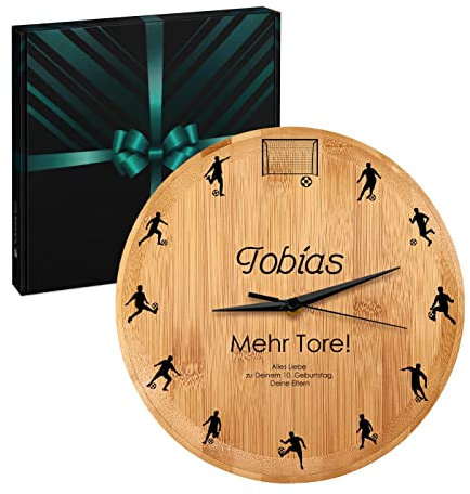 Maverton Vintage Wanduhr + Aufdruck - mit AA-Batterie betrieben - Durchmesser: 26cm - Uhr aus Bambus - Holz - Geschenk für Männer zum Geburtstag - Fußball