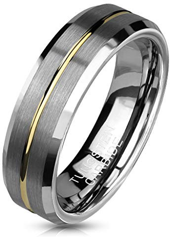 Paula & Fritz® Ring Damen Wolframcarbid Gebürstet Gr. 70 (22,3) Silber-Gold 6-mm Breit Herren-Ring Partner-Ring Damenring Verlobungs-Ring Ehering