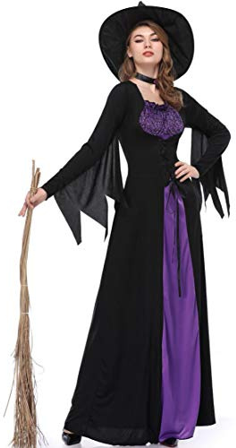 SISAY Costume da Strega Donna Vestito Lungo Abito Manica Lunga con Cappello da Strega Viola e Nero Vestito da Festa di Halloween Carnevale per Adulto