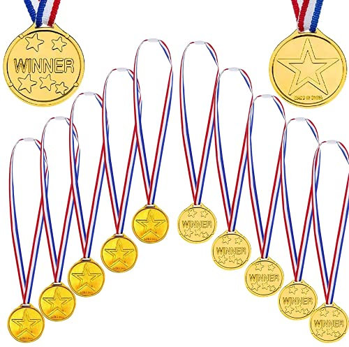 QincLing 12 Stück Siegermedaillen Gold, Siegermedaillen Olympische Kindergeburtstagsfeier Plastik Siegermedaillen für Kindergeburtstagsfeierspiele Preise Sporttag Spielzeugwettbewerb Auszeichnungen