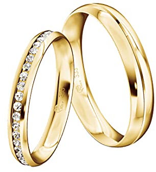 JC Trauringe Gold 333 Paarpreis Poliert I Einzigartige Partnerringe Gelbgold mit Gravur in edler Schatulle I 2 Hochzeitsringe Damenring mit Vollkranz Zirkonia & Herrenring I ICT17