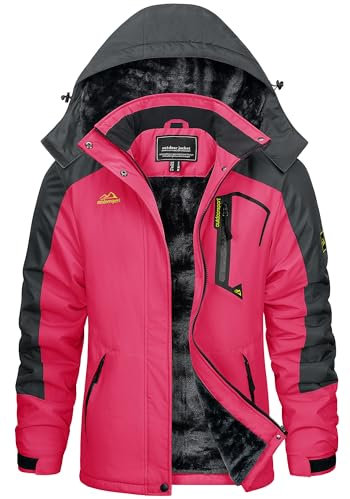 KEFITEVD Damen Skijacke Warm Gefüttert Wasserabweisend Winterparka Multi-Taschen Angeln Mountainbike zum Skifahren Snowboarden Gefüttert Allwetterjacke Rosenrot L