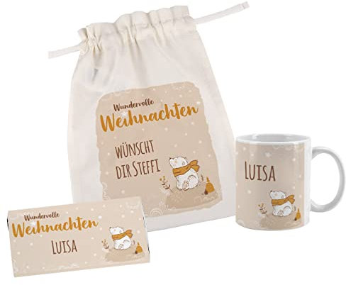 Herz & Heim® Geschenkset -Wundervolle Weihnachten- mit Kaffeetasse, Schokolade und Personalisierung