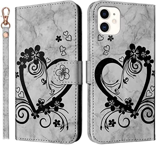Jeffene Handyhülle für iPhone 11 (6.1 Zoll) Hülle,Blume Liebe Herz Muster Marmor PU Leder Tasche Flip Case Cover Etui Brieftasche Schutzhülle Lederhülle Klapphülle mit Kartenfach-Schwarz